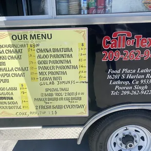 the menu of the food truck