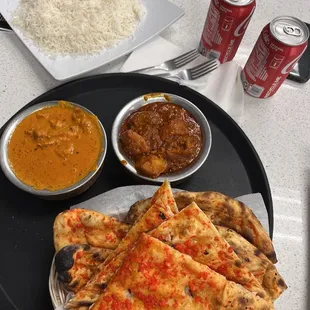 Butter Chicken, Chicken Vindaloo and Garlic Naan
