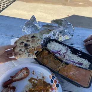 Lunch special (Sat/Sun too): chicken tikka &amp; korma, chicken tandoori leg, rice, &amp; huge garlic nan. So much food, great value