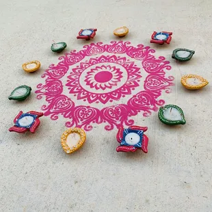 Candles, stencils, rangoli powder, rangoli kit