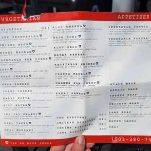 Menu with vegan options