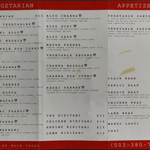 Printed, to-go menu. (back)