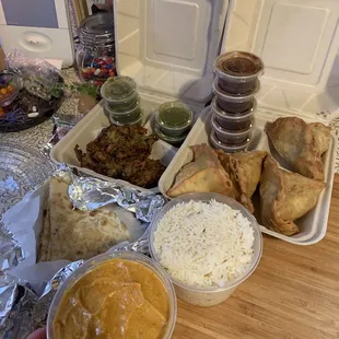 Vegetable pakora, veggie samosas, garlic naan, chicken gao curry (made spicy)