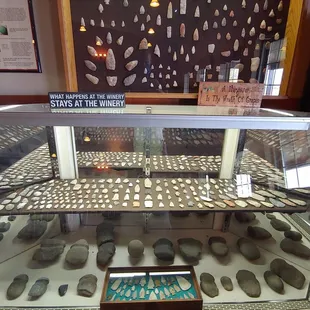 a display case of rocks and stones