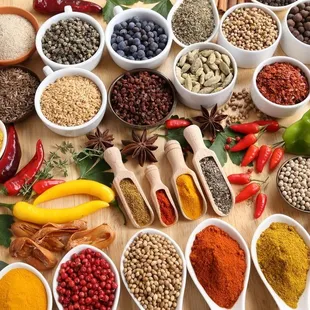 a variety of spices in bowls