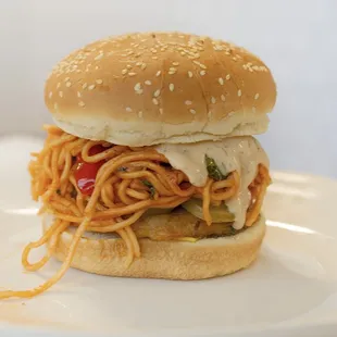 Noodle Burger with secret house sauce created by Indian Market