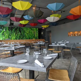 colorful umbrellas hanging from the ceiling