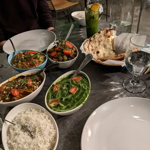 Palak paneer, lamb rogan josh, bhartha (roasted eggplant), bhindi dopiaza (okra),