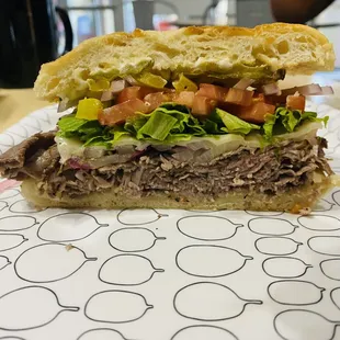 Roast beef on Focaccia Roll with all the fixins.   Delish!