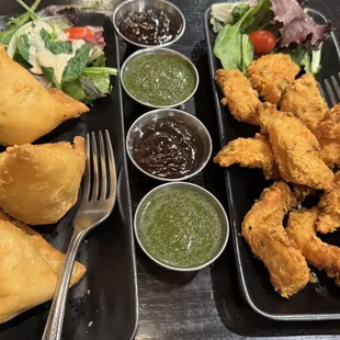 samosa (left) and fish pakora (right)