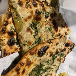 Aloo Paratha, made to order roti bread stuffed with a thin layer of potato