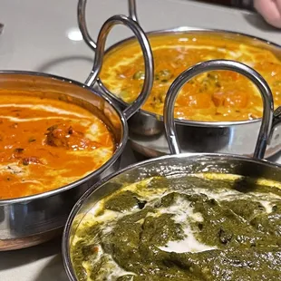 Vegetable Korma, palak paneer, butter chicken.