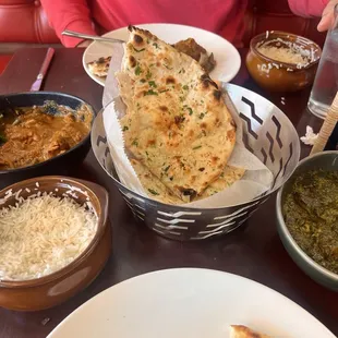 Chicken chettinad, chicken palak and garlic naan