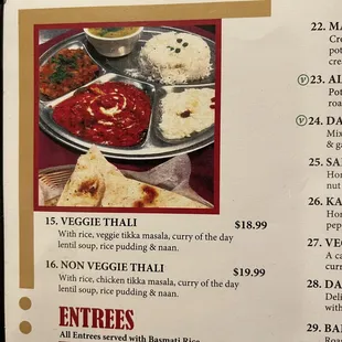 Menu - meal specials. Vegetarian and non vegetarian