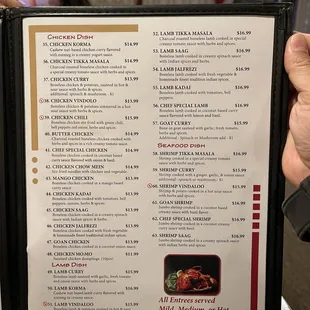 Menu - chicken, lamb, seafood dishes