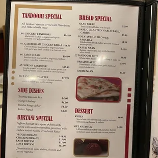 Menu - specials, sides, bread
