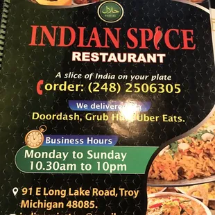 menu for indian spice restaurant