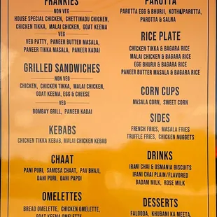 menu for indian street food