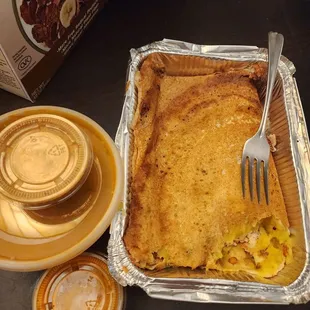 Dosa, sauces and soup but no cream colored coconut sauce sadly. Very salty.