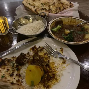 Spicy lamb biriyani with garlic naan