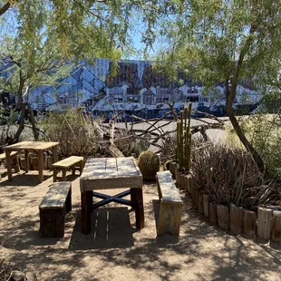 a picnic table in a desert setting