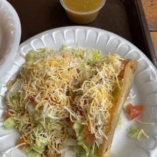 Shredded Beef Taco and Bean and Cheese Tostada!