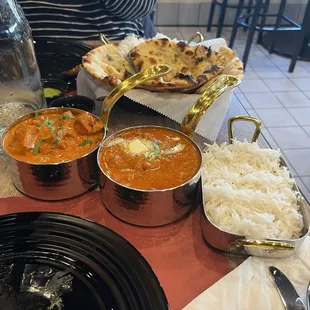 Chicken Tikki Massala, Butter Chicken, Garlic Naan, white rice