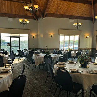 Photo of the main hall set for a Mother's Day Brunch event