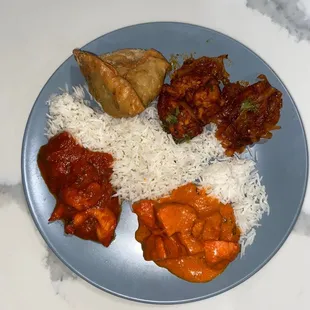 Chicken Tikka Masala, Samosas, Chili Chicken, shrimp korma