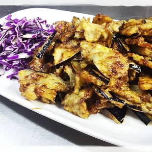 a plate of fried eggplant