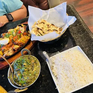 Chicken Tikka, paneer, rice, and  Naan