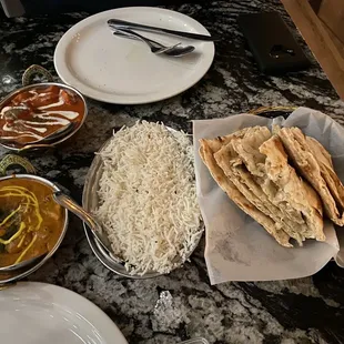 Chicken tikki masala, mushroom masala, basmati rice, naan