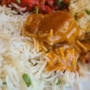 Chicken tikka, plain rice, chicken tikka masala and garlic naan. A great place to dine with friends.