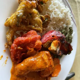 Tandoori chicken? Butter chicken, fried onions, saag and rice