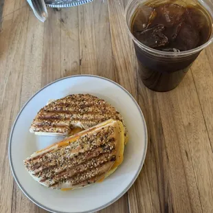 Bacon egg and cheese bagel // vanilla cold brew