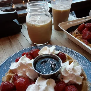 Red &amp; White waffles with buttermilk batter and an iced seasonal coffee hit the spot.