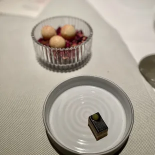 Dessert of opera cake and a mango lassi truffle