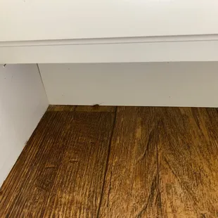 Roach in the bathroom just below the cabinets