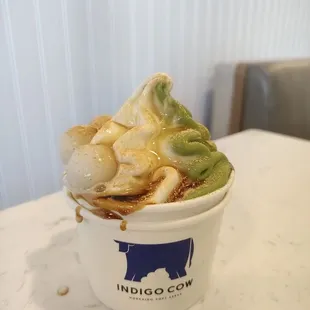 Hokkaido milk &amp; matcha swirl with MBR (mochi, brown sugar syrup, roasted soybean powder)