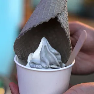 Hokkaido milk and black sesame swirl soft serve, with waffle cone (regular size $7.50)