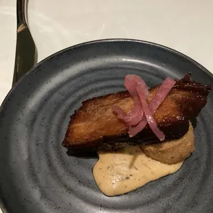 Pork Belly Grit Cake Pickled Onions
