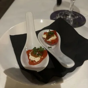 Amuse buche - pepper dew with herbal cheese