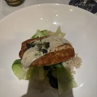 Triple tail fish special with burre blanc, box choy and basmati rice