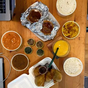 Butter Chicken, Veggie Samosas, Chole, Mango Lassi, Aloo Gobhi Aaloo ( Cauliflower n Potato), Daal Makahni (black Lentils)