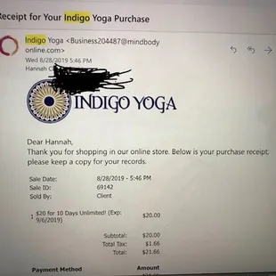 This is the receipt for the ten class pass I purchased at Indigo.