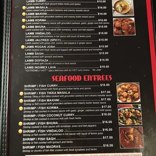 Menu - lamb, seafood