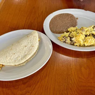 Chorizo taco on corn and American breakfast