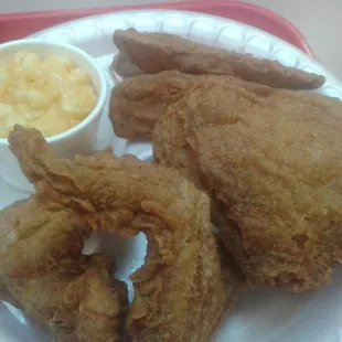 Thigh, wings, wedges, and mac and cheese.