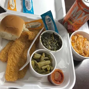 Catfish, greens, green beans, and peach cobbler.