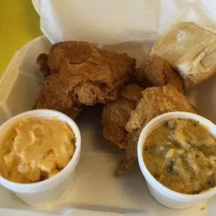 3 piece dinner box, spicy and regular with cheeses broccoli and macaroni and cheese.